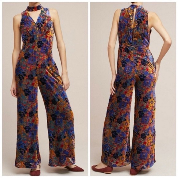 Anthropologie Maeve Ava Floral Velvet Burnout Jumpsuit SZ 8 - Picture 1 of 8